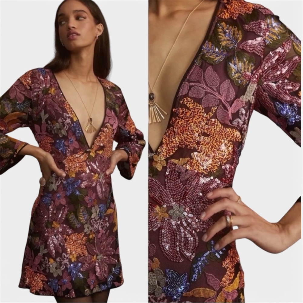 Anthropologie Floral Sequin Mini Dress - Multicolor